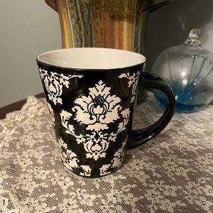 Pier 1 imports handpainted black & white damask stoneware coffee cup